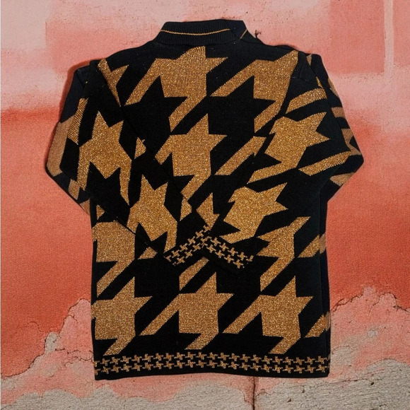 Vintage 80s Lurex Knit Copper Houndstooth Mockneck Abstract Sweater - Picture 5 of 8
